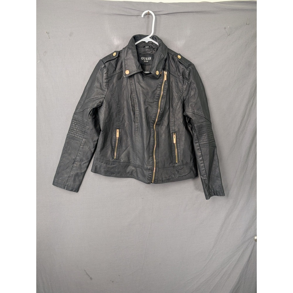 Guess Womens Black Faux Leather Moto Biker Jacket XL Gold Hardware